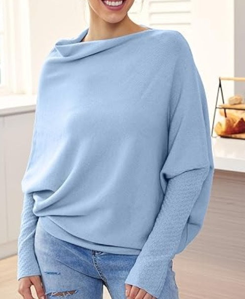 Women's Off-Shoulder Batwing Sleeve Sweater - Solid Color Round Neck Pullover for Fall Fashion