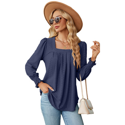 Women's Jacquard pleated square collar long sleeve swallowtail T-shirt