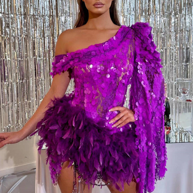 Purple Sequined Feather Skirt One-shoulder Sleeve Short Dress Luxury Party Stage Performance Dress touchydesign