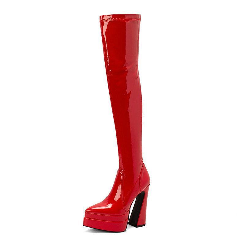 Thick Heeled Patent Leather Knee Boots - Bright & Trendy Women's Footwear