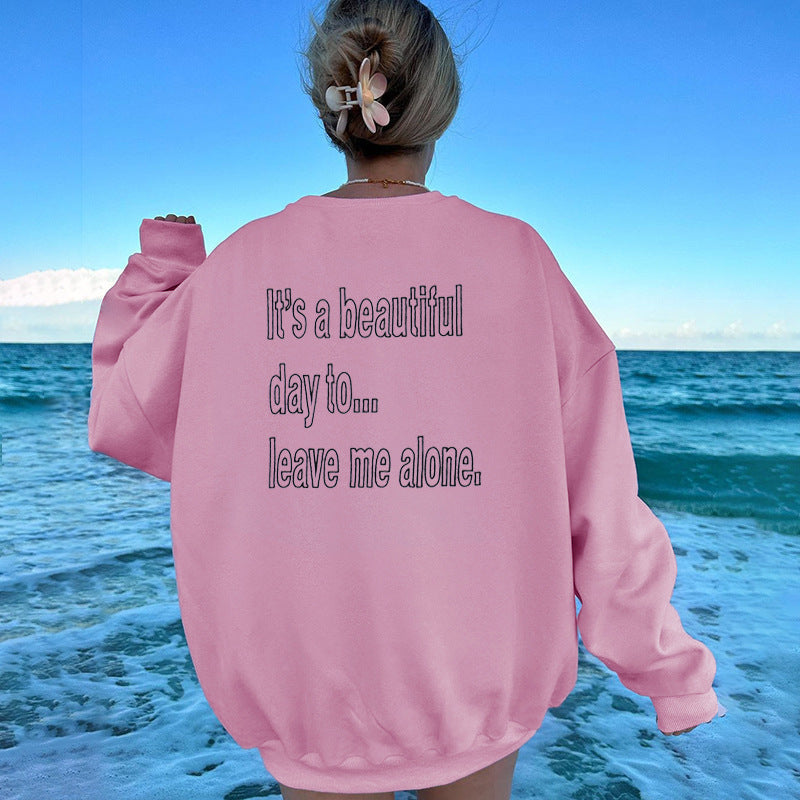 "Pure color embroidered pullover brushed loose sweatshirt, offering a cozy and relaxed fit with stylish embroidery, perfect for everyday casual wear."