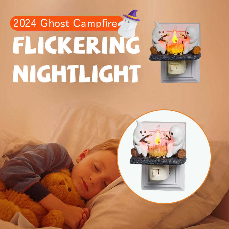 2024 Halloween Ghost Campfire Flickering Nightlight - Two Ghosts Roasting Marshmallows - Spooky Plug-in Wall Night Light for Halloween Decor"