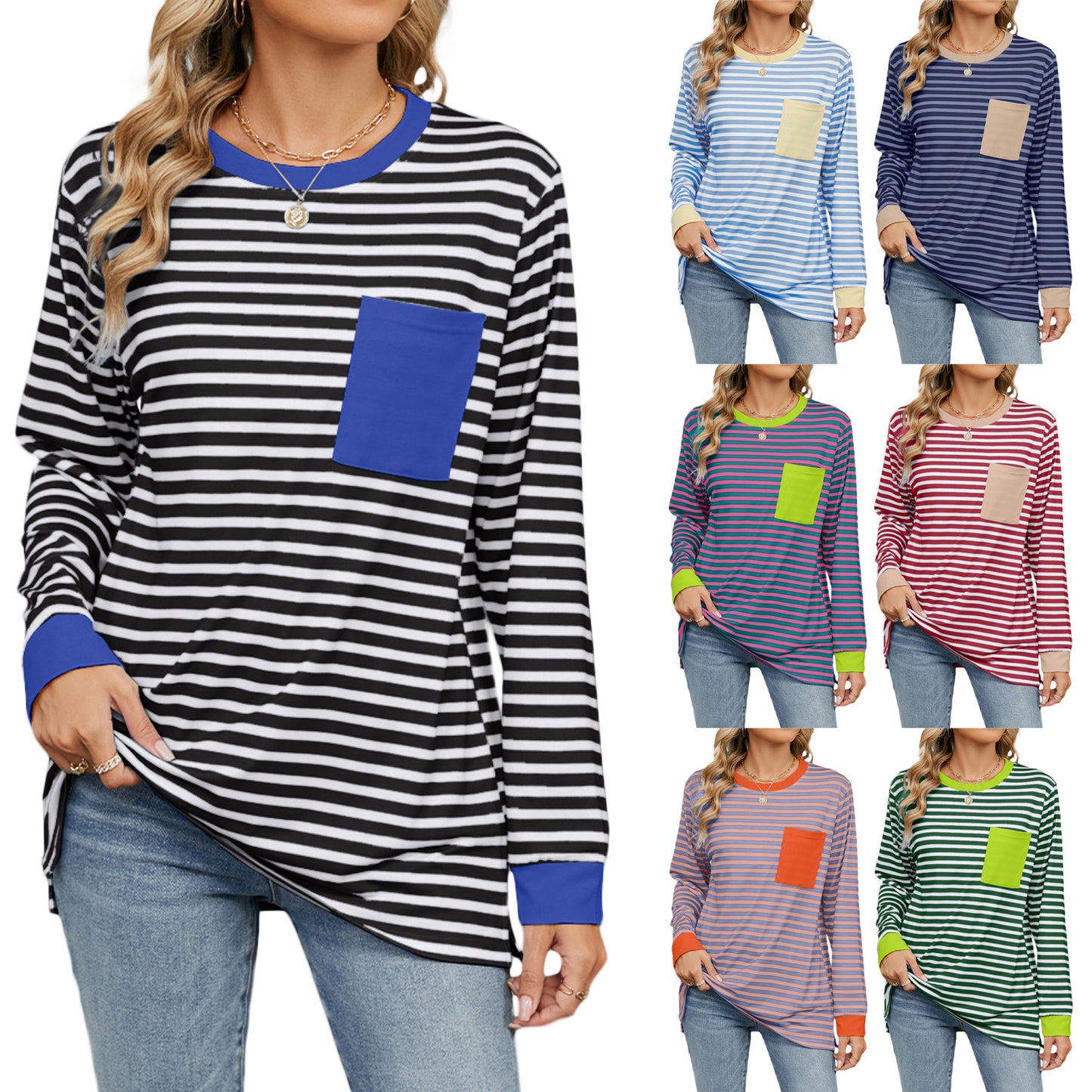 Women's long sleeve round neck T-shirt with pockets and split upper