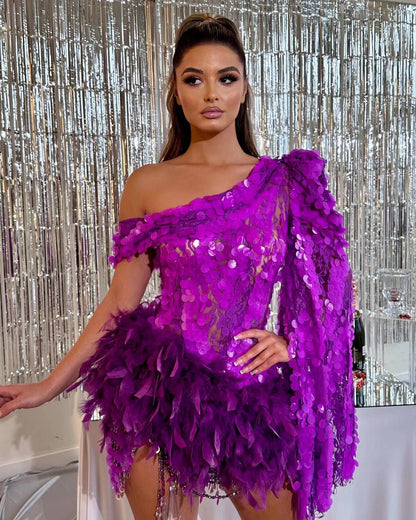 Purple Sequined Feather Skirt One-shoulder Sleeve Short Dress Luxury Party Stage Performance Dress touchydesign