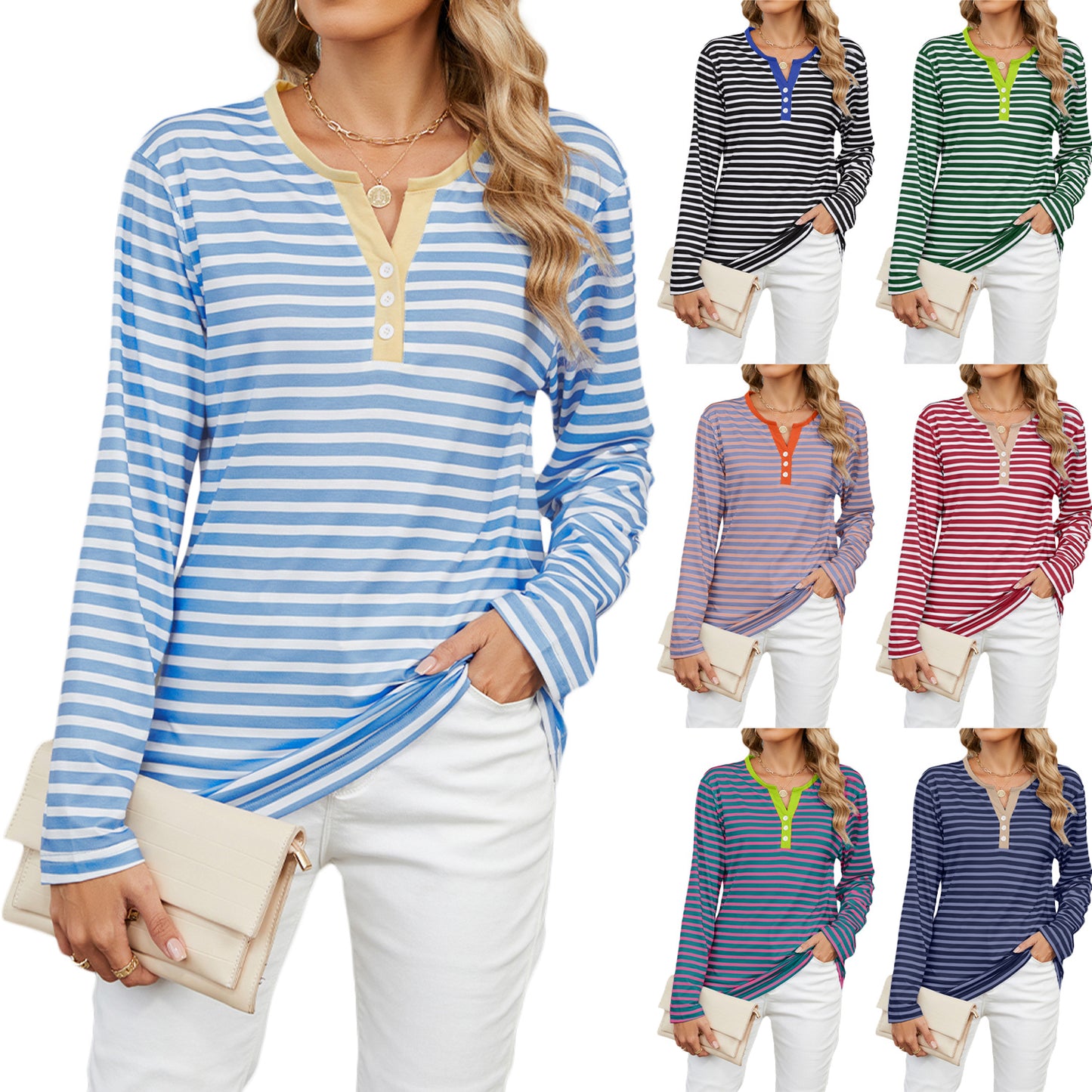 Women's V-neck striped long-sleeve T-shirt with a loose fit. Casual and comfortable top for everyday wear."