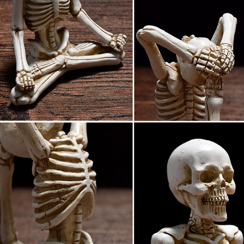 Halloween horror yoga skull skeleton resin ornaments, perfect for spooky desktop decorations or eerie home decor, featuring detailed skeleton modeling