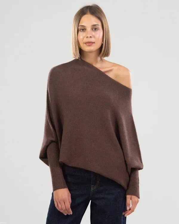 Women's Off-Shoulder Batwing Sleeve Sweater - Solid Color Round Neck Pullover for Fall Fashion