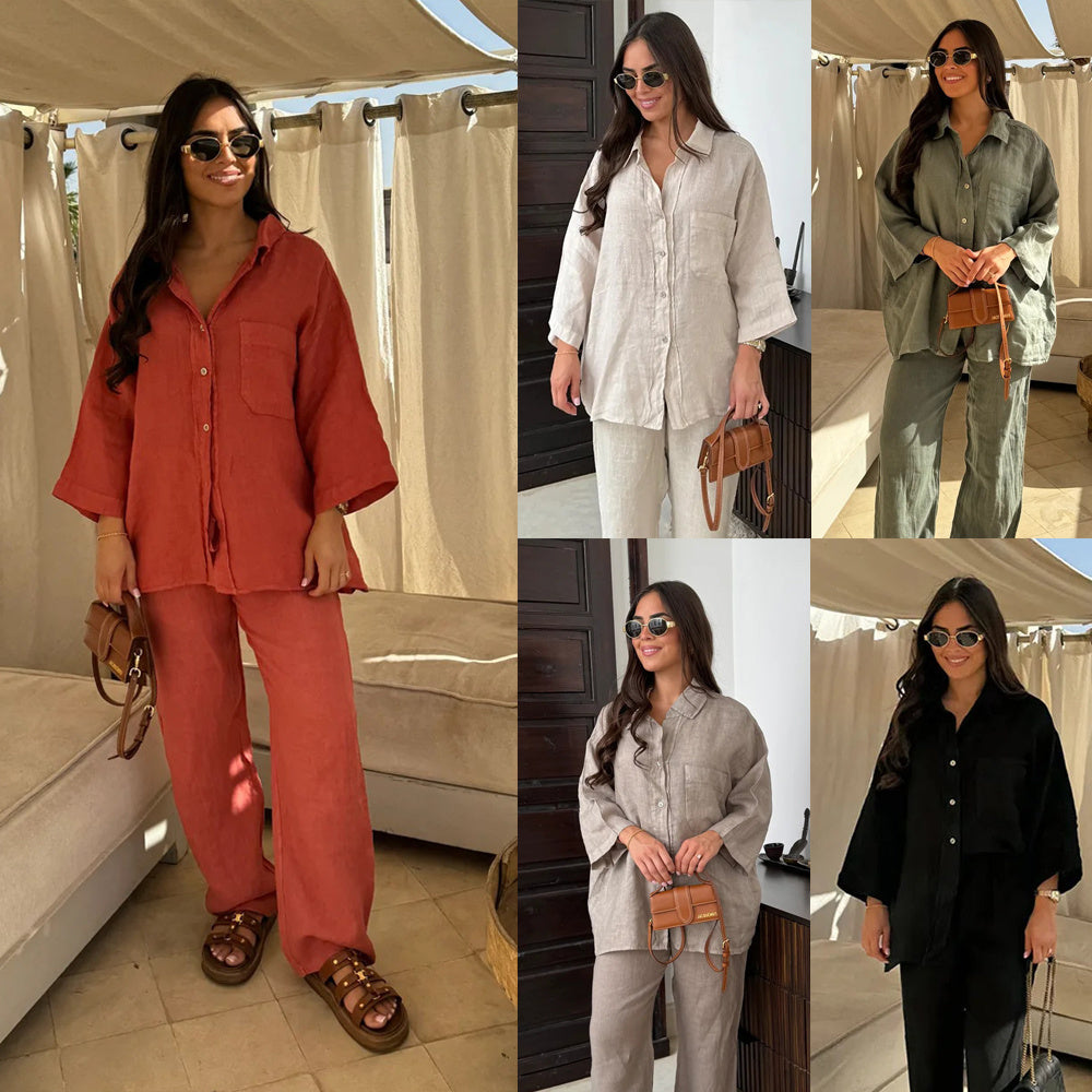 Casual linen 2-piece outfit for women featuring a long sleeve pocket shirt and wide leg pants in a loose, comfortable fit - ideal for high street fashion and summer style