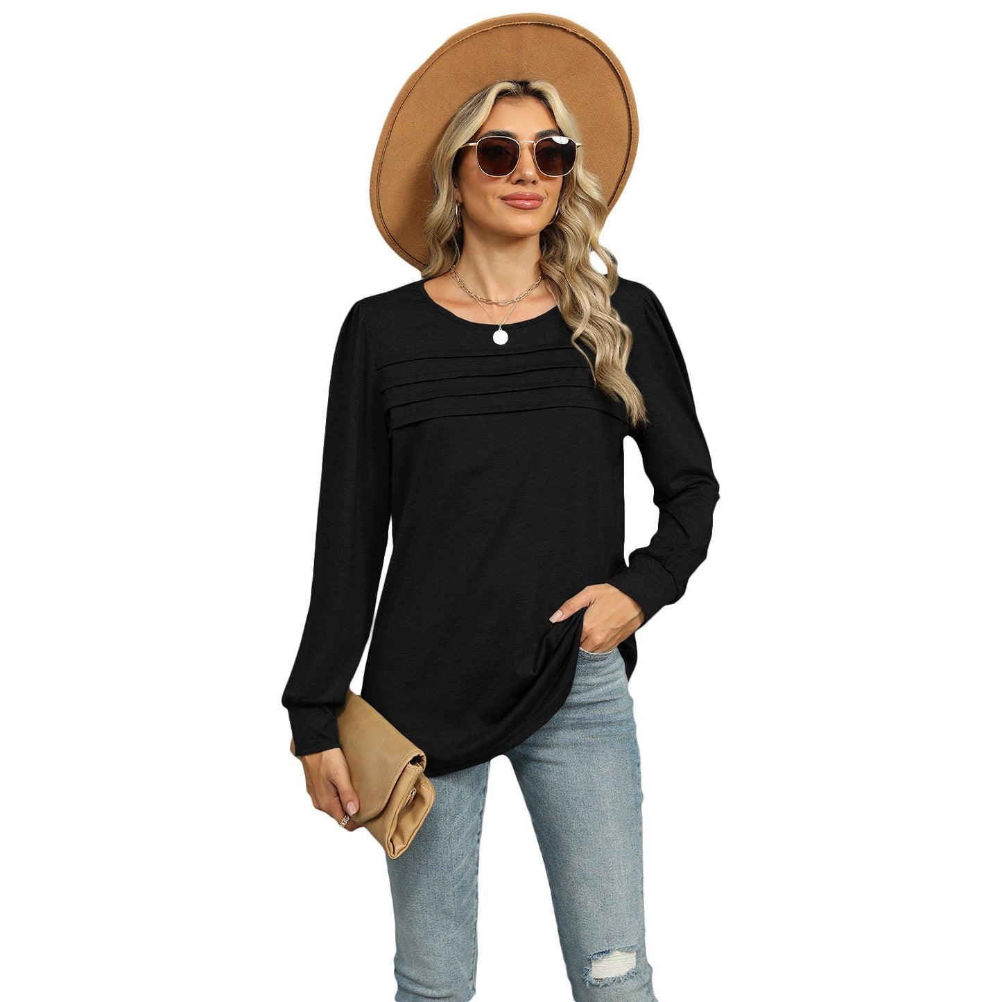 Women's solid color U-neck long-sleeve T-shirt with pleated design. Casual and stylish top for everyday wear.