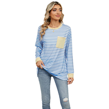 Women's long sleeve round neck T-shirt with pockets and split upper