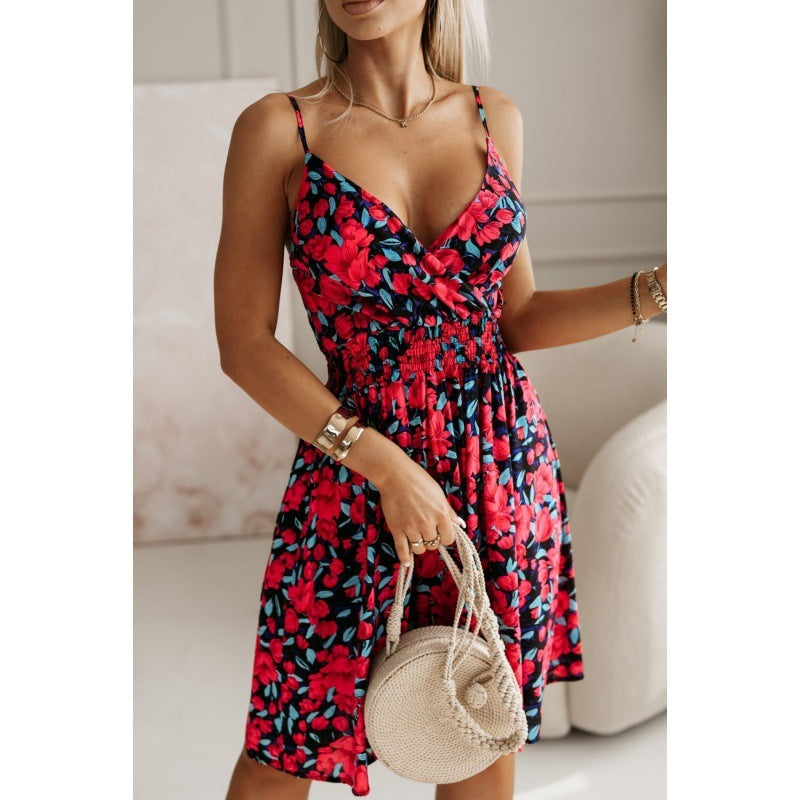 Fashion Flowers Print Suspender Dress Summer V-Neck Pleated Short Dresses For Beach Womens Clothing touchydesign