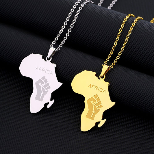 Titanium Steel Africa Map Pendant Necklace - Glossy Gold Fist Shape for Men & Women