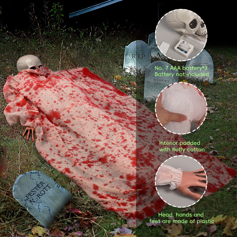 Voice-activated Halloween corpse prop with glowing hair and blood cloth for spooky decoration