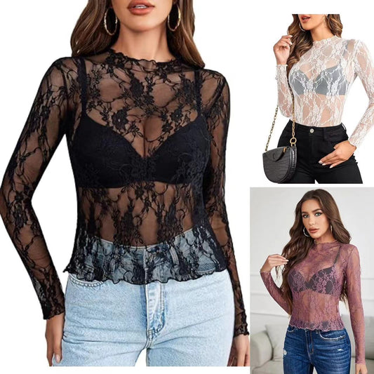 Elegant women's long sleeve lace blouse with sheer transparent design, perfect for stylish layering.