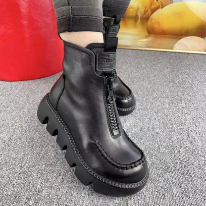 Cotton Leather Platform Motorcycle Boots - Soft Retro Muffin Heel"