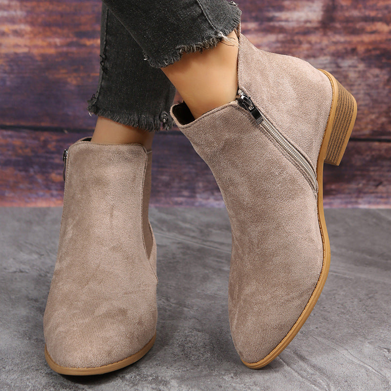 Pointed suede single shoes for women with an elastic band and thick heel, offering a stylish and comfortable design for casual wear.