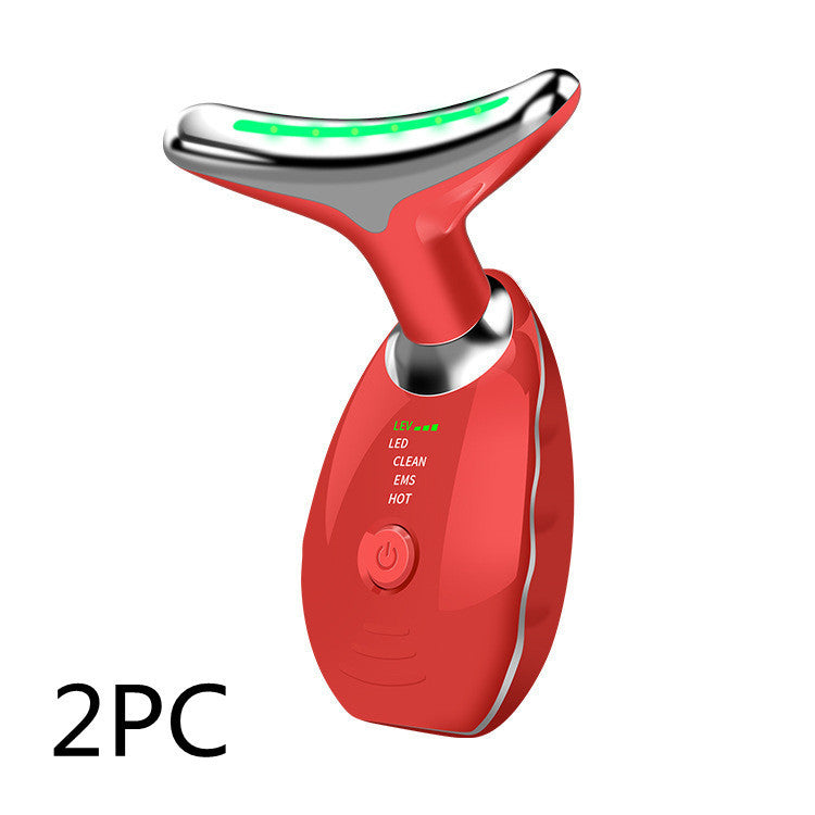 Colorful LED photon therapy beauty device for neck and face - tightens skin, reduces double chin, and smooths wrinkles. Anti-aging lifting massager for youthful appearance.