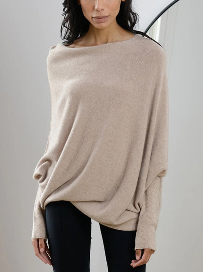 Women's Off-Shoulder Batwing Sleeve Sweater - Solid Color Round Neck Pullover for Fall Fashion