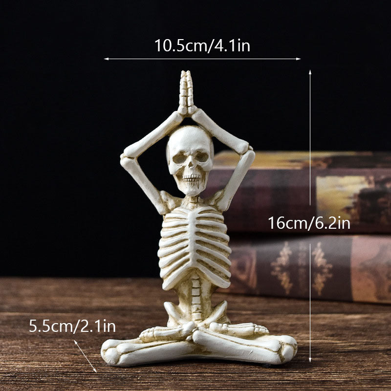 Halloween horror yoga skull skeleton resin ornaments, perfect for spooky desktop decorations or eerie home decor, featuring detailed skeleton modeling