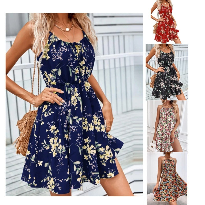 Floral Print Suspender Dress With Elastic Waist Design Fashion Summer Short Dresses Womens Clothing touchydesign