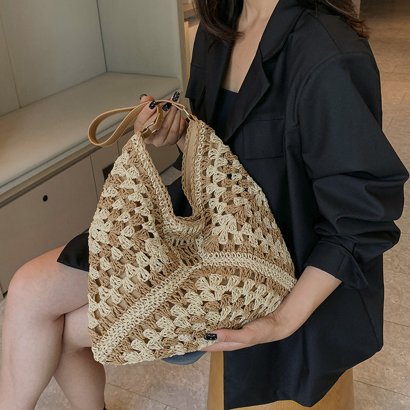 Women's Fashion Handmade Straw Woven Hollow Contrast Color Weave Shoulder Bag touchydesign