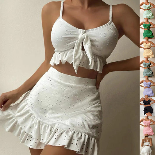 Three-Piece Beach Bikini, Hip-hugging Skirt Fashion Ruffle Design Swimsuit Set Summer Womens Clothing