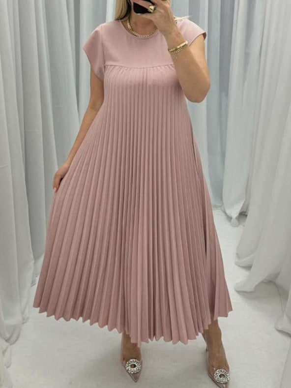 Short Sleeve Pleated Long Dress Summer Round Neck Dress Women's Clothing touchydesign