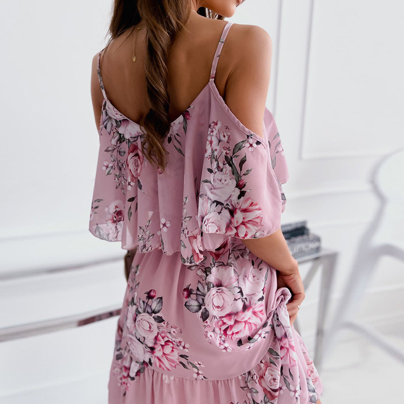 Flower Printed Ruffled Suspender Dress Summer Off-the-shoulder Strap Dresses Women touchydesign