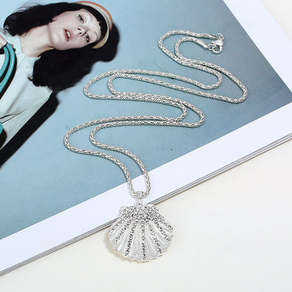 Metal fan shell rhinestone long necklace with elegant design