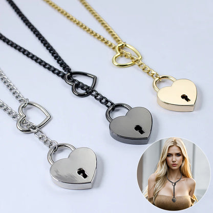 Adjustable heart-shaped lock necklace with key, rock style