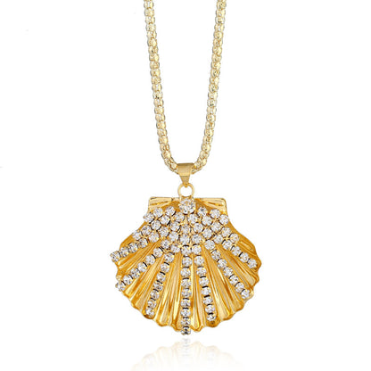 Metal fan shell rhinestone long necklace with elegant design