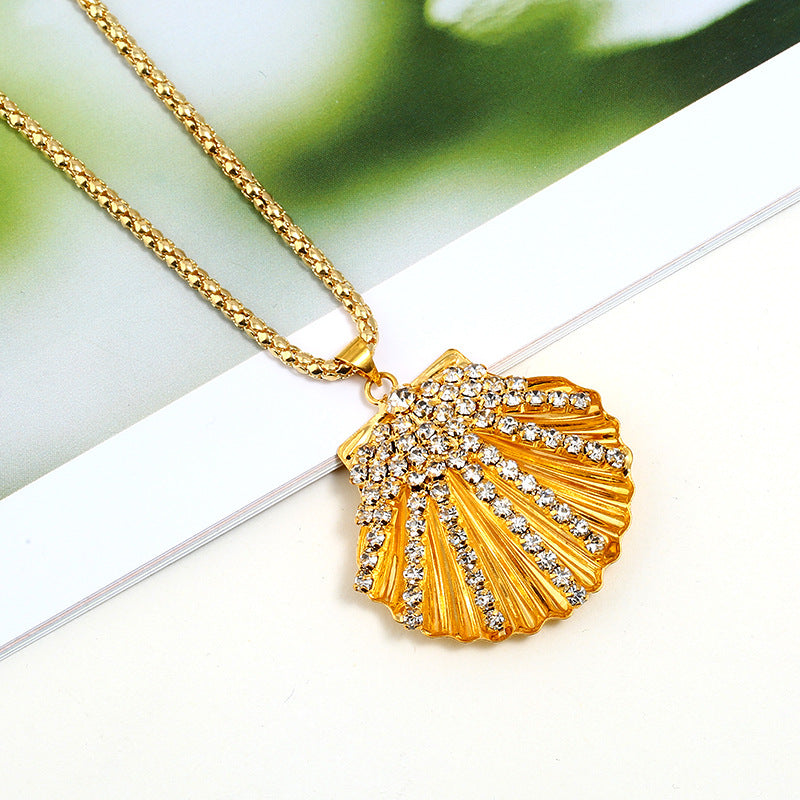 Metal fan shell rhinestone long necklace with elegant design