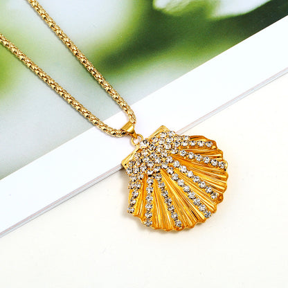 Metal fan shell rhinestone long necklace with elegant design