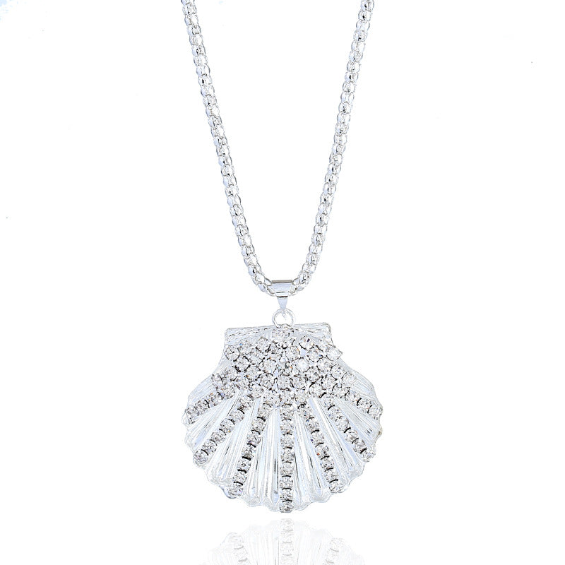 Metal fan shell rhinestone long necklace with elegant design