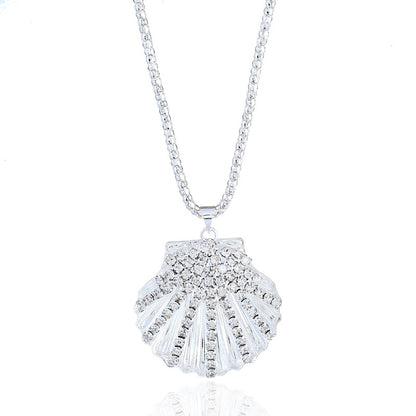 Metal fan shell rhinestone long necklace with elegant design