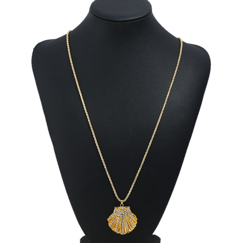 Metal fan shell rhinestone long necklace with elegant design