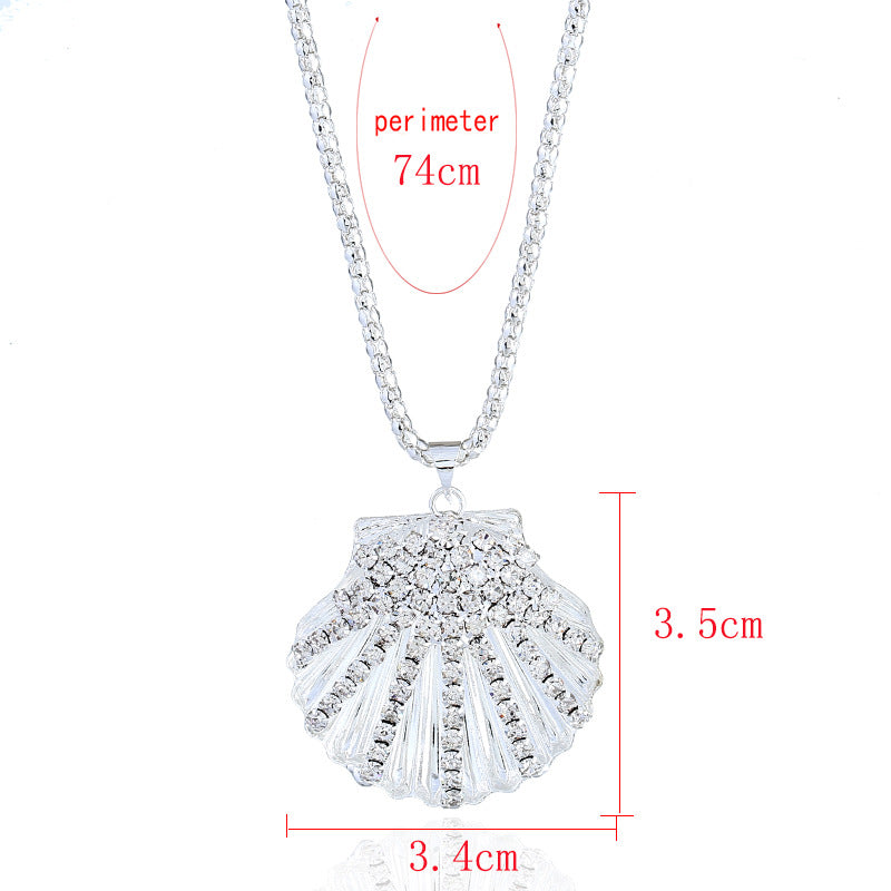 Metal fan shell rhinestone long necklace with elegant design