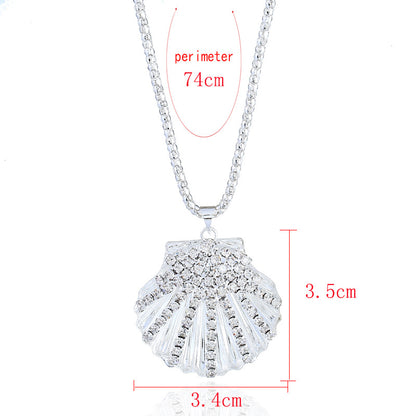 Metal fan shell rhinestone long necklace with elegant design