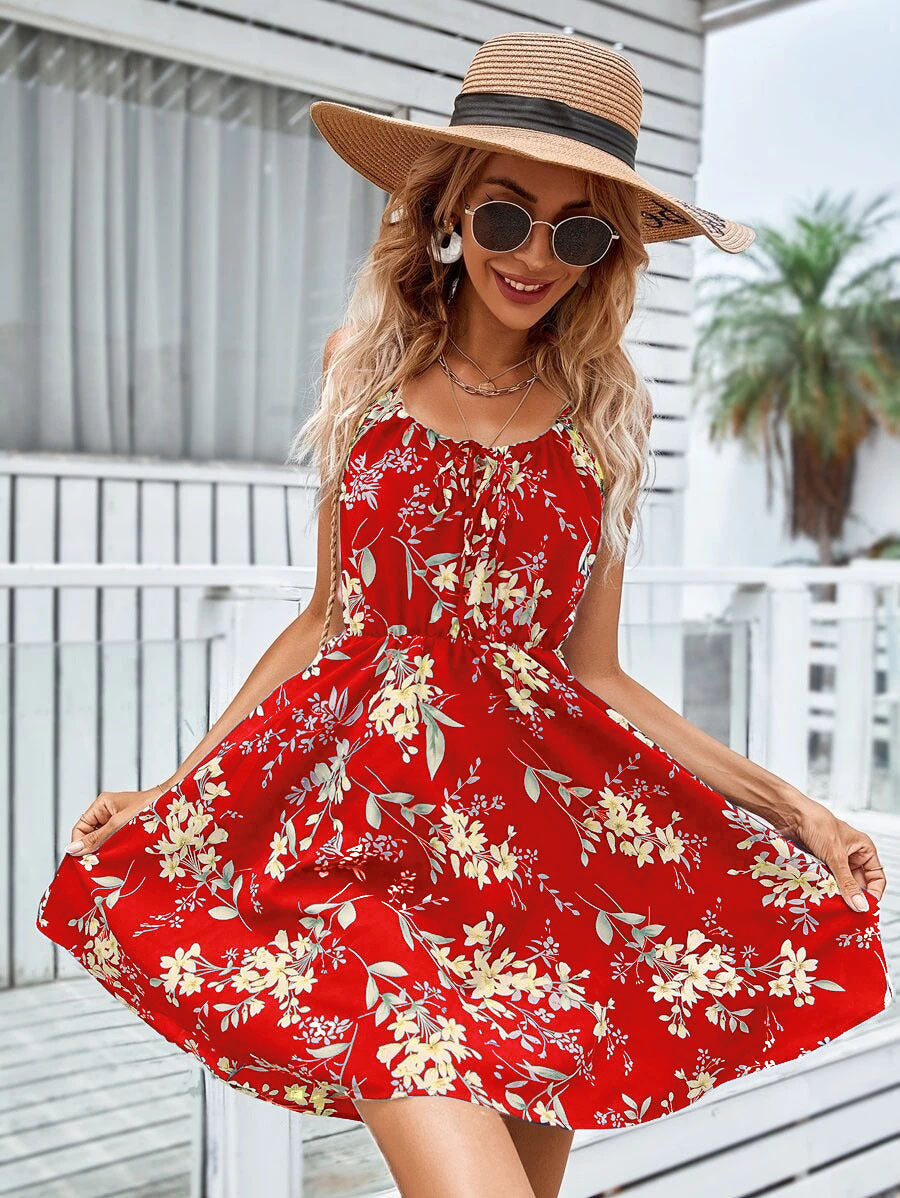 Floral Print Suspender Dress With Elastic Waist Design Fashion Summer Short Dresses Womens Clothing touchydesign