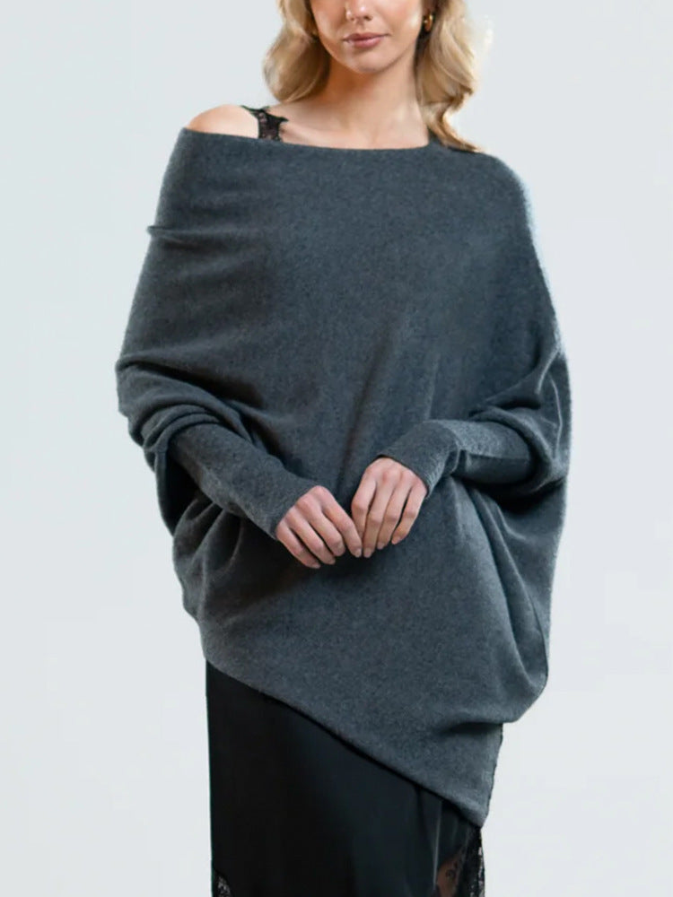 Women's Off-Shoulder Batwing Sleeve Sweater - Solid Color Round Neck Pullover for Fall Fashion