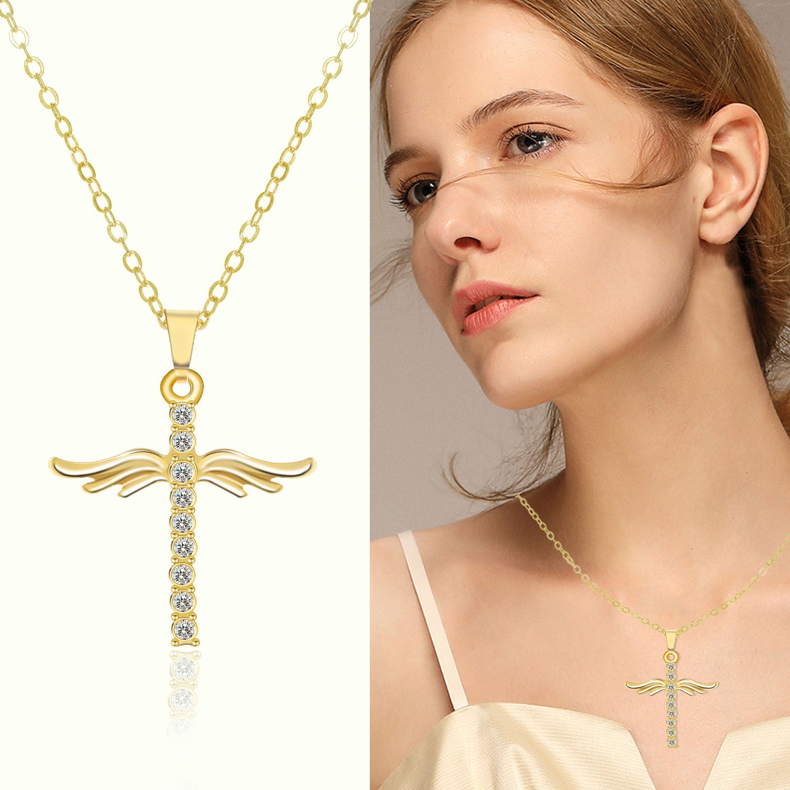 Simple Cross Diamond Angel Wings Pendant touchydesign