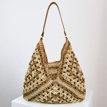 Women's Fashion Handmade Straw Woven Hollow Contrast Color Weave Shoulder Bag touchydesign