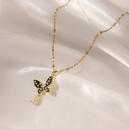 Temperament Pearl Dropping Oil Butterfly Necklace With Advanced Design Sense Tassel Pendant Versatile Jewelry touchydesign