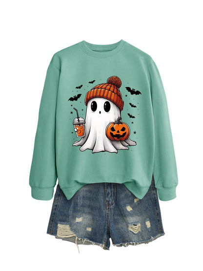 Fashionable long sleeve crew neck sweatshirt in milk tea color with pumpkin and bat print, perfect for fall and Halloween.