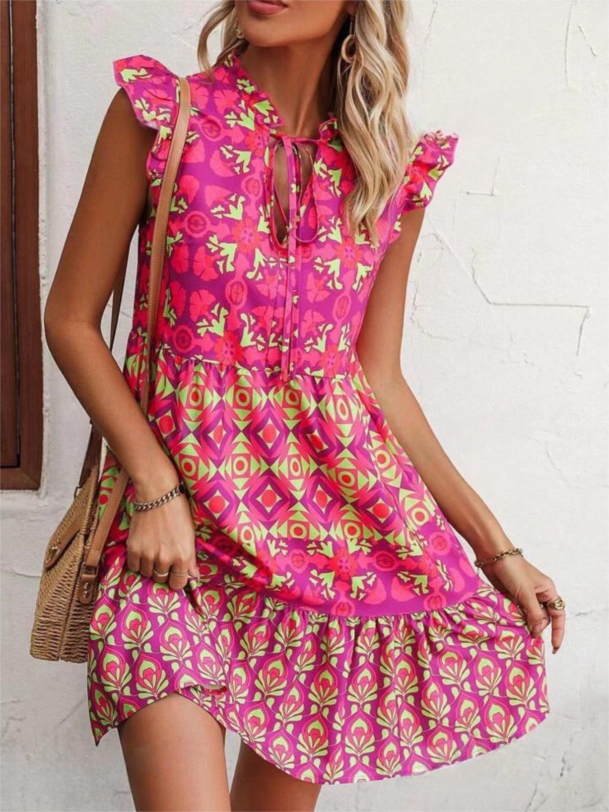 Printed Sleeveless Dress Summer Fashion V-Neck Lace-up Straight Dresses For Womens Clothing touchydesign