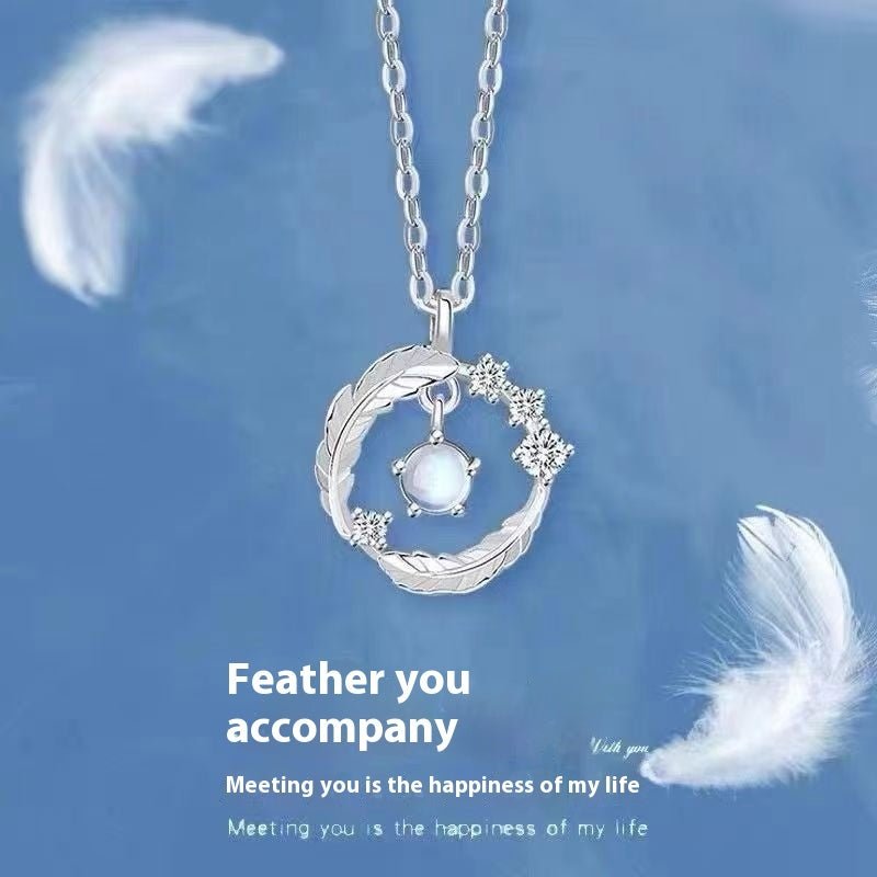 925 Silver Plated Delicate Feather You Accompany Moonstone Necklace - touchydesign