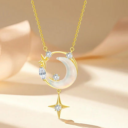 925 Sterling Silver Star Moon Necklace Women's Light Luxury Minority Clavicle Chain - touchydesign