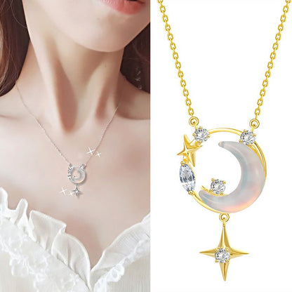 925 Sterling Silver Star Moon Necklace Women's Light Luxury Minority Clavicle Chain - touchydesign