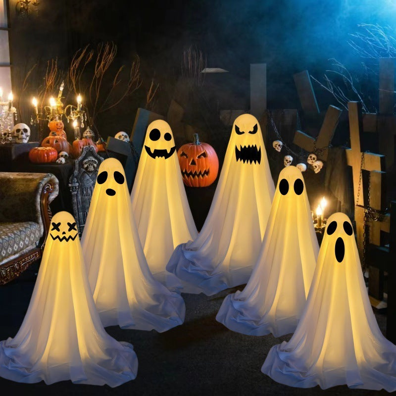 "Ghost Halloween decorations for front porch and courtyard, spooky outdoor decor, haunting ghost figures, Halloween yard decorations, eerie Halloween setup."