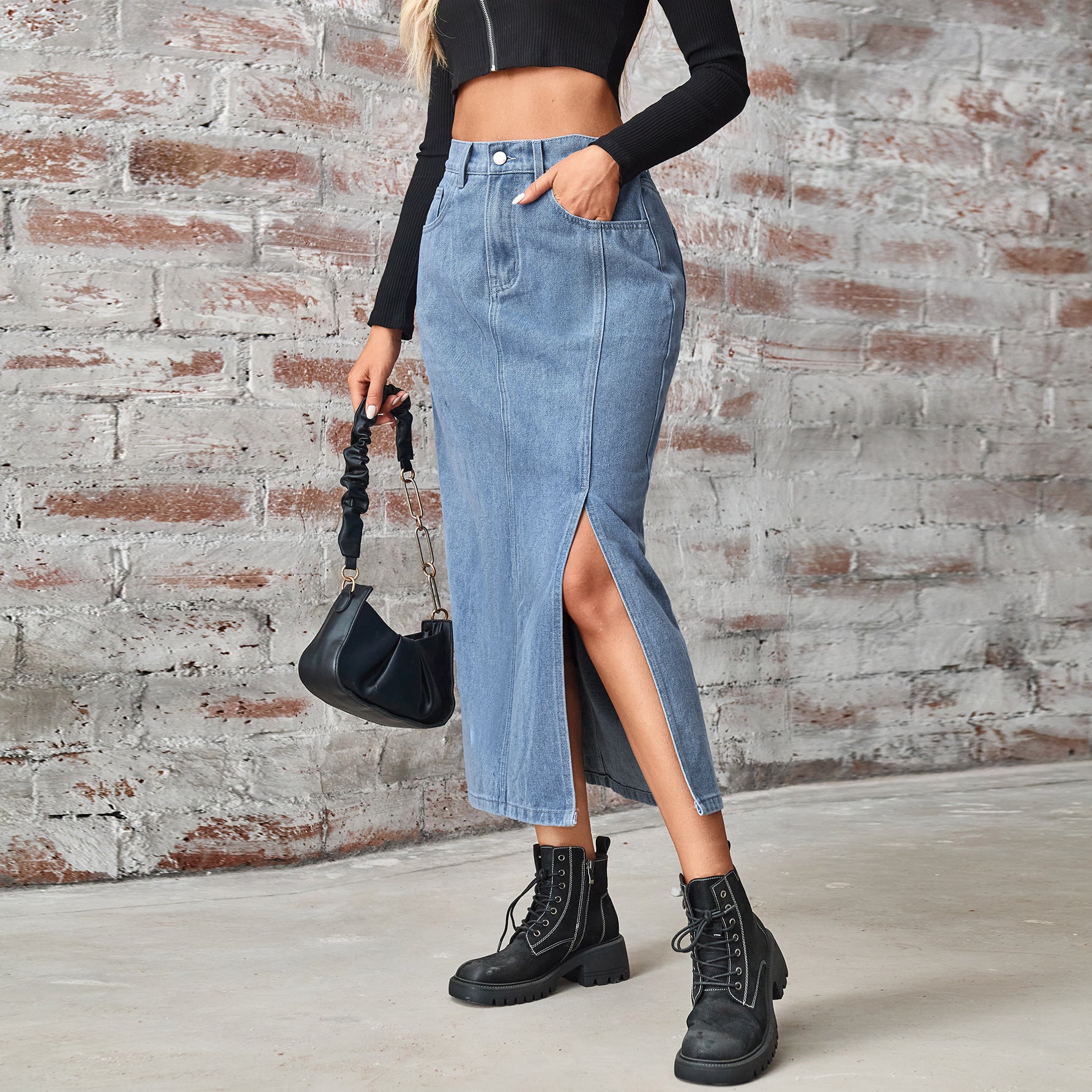 Women's Summer Washed Denim Elastic Waist Denim Skirt touchydesign